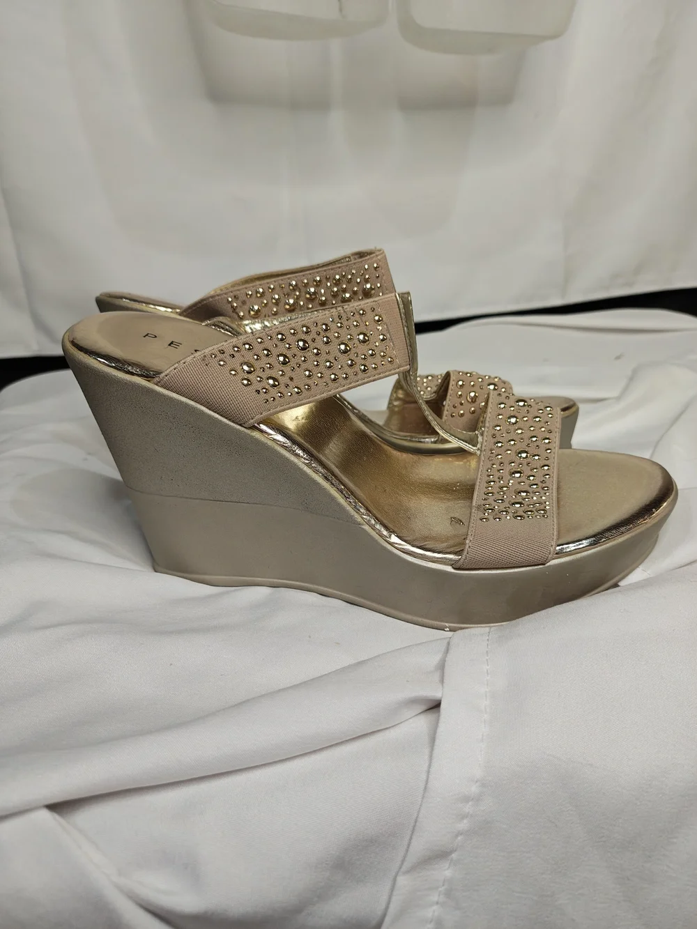 Pesaro Beige Gold Studded Womens Wedge Sandals